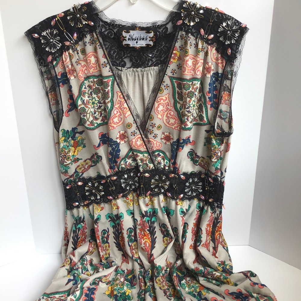 Meghan Los Angeles v-neck full circle skirt safety pin/lace detail dress